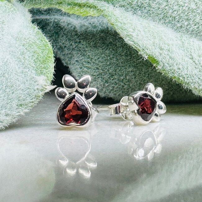 Red Garnet Earrings - Dog Paws Studs - Faceted Bezel Set Sterling Silver