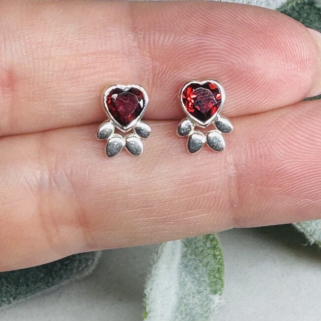 Red Garnet Earrings - Dog Paws Studs - Faceted Bezel Set Sterling Silver