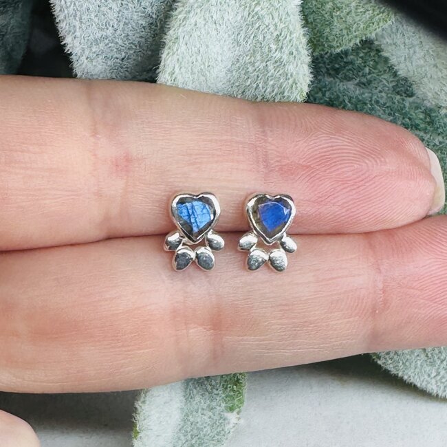 Labradorite Earrings - Dog Paws Studs - Faceted Bezel Set Sterling Silver