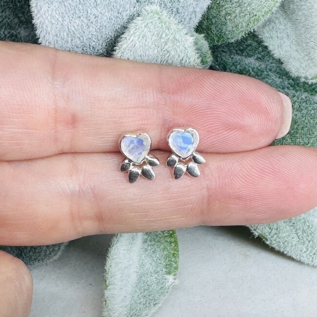 Rainbow Moonstone Earrings - Dog Paws Studs - Faceted Bezel Set Sterling Silver