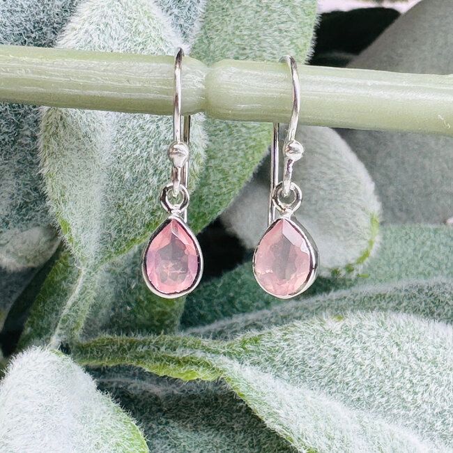Rose Quartz Earrings - Dangle Drop Teardrop Pear Faceted - Bezel Set Sterling Silver