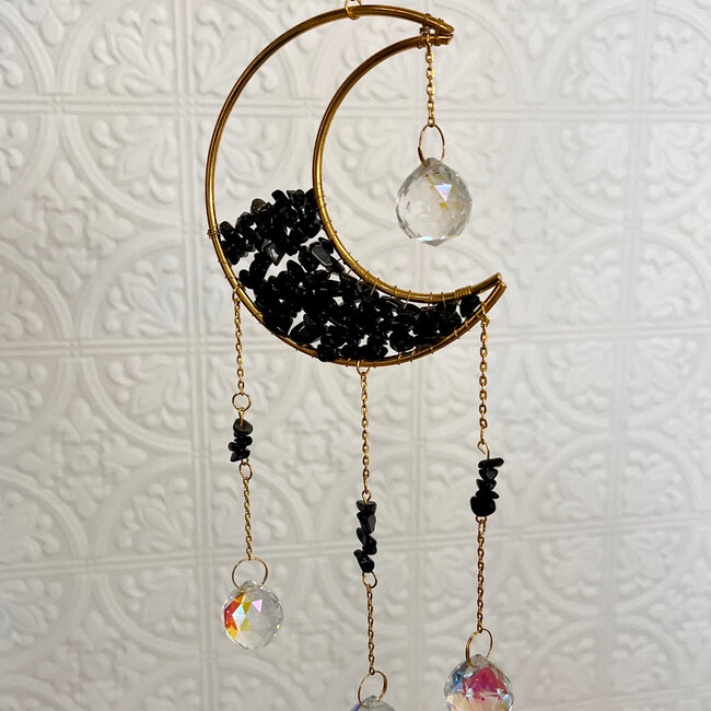 Prism Suncatchers Sun Catchers (Black Obsidian) Crescent Moon - Window Mirror Crystal - Faceted Spheres Gold