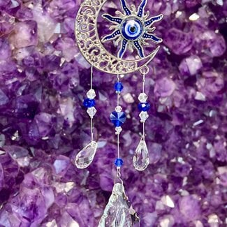 Evil Eye Sun Inside Crescent Moon Suncatcher Sun Catcher with Faceted Crystal Prism - Silver (Plated) Hangable 15" Home Decor Window Mirror Protection