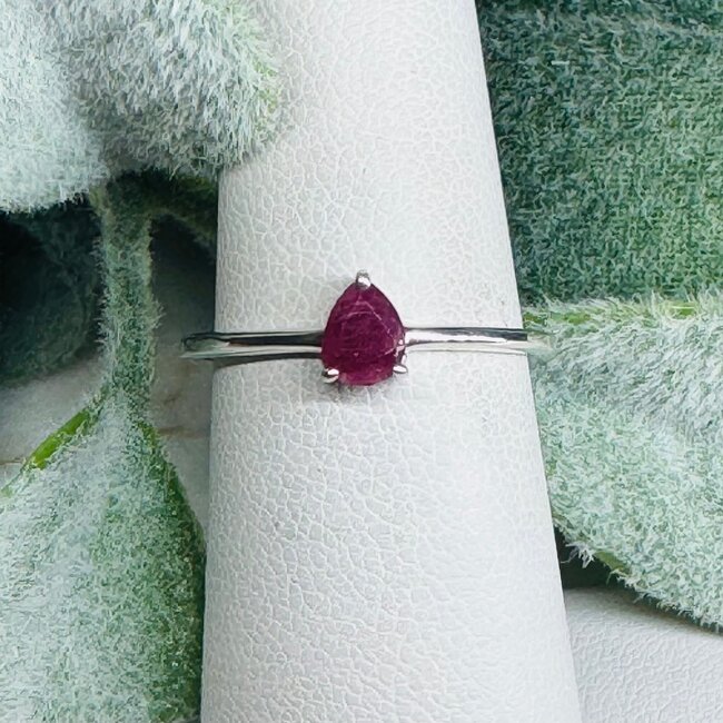 Ruby Rings - Size 6 Teardrop Pear Stackable - Claw Prong Set - Sterling Silver