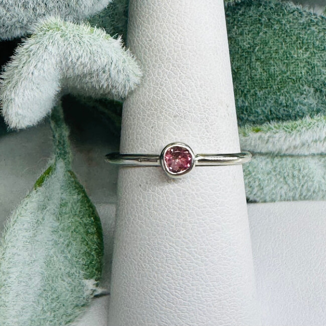 Pink Ruby Red (Rubellite) Tourmaline Rings - Size 8 Round Circle Faceted - Bezel Set Sterling Silver