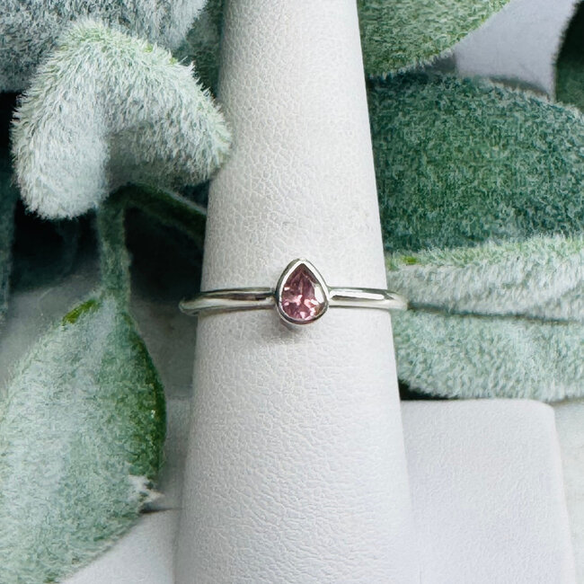 Pink Ruby Red (Rubellite)Tourmaline Rings - Size 6 Teardrop Pear Faceted - Bezel Set Sterling Silver