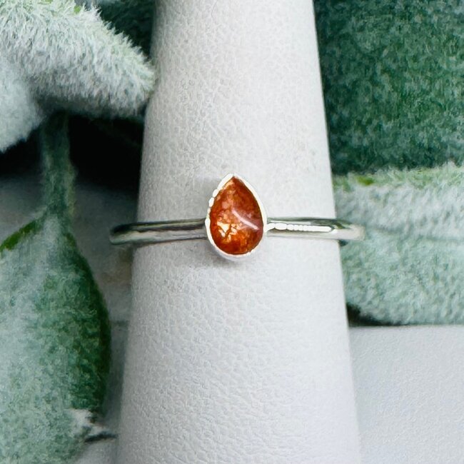 Sunstone Rings - Size 5 Teardrop Pear - Bezel Set Sterling Silver Stackable