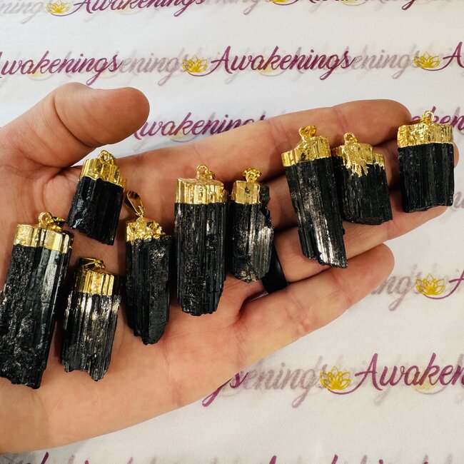 Black Tourmaline Pendants - Rough Raw Natural - Gold Plated Cap (1-2")