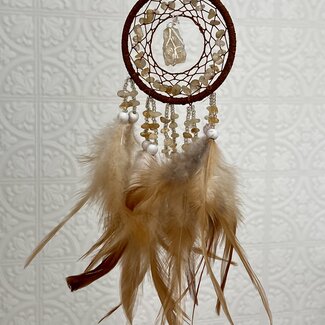 Citrine Dreamcatcher Dream Catcher Brown, Tan with Multi Colored Beads & Brown, Tan Feathers -3.25″DIA X 9.85″L