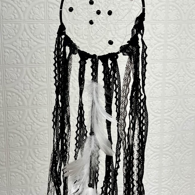 Dreamcatcher Dream Catcher Black and White with Black and White  Feathers, Black Lace Ribbon & Beads - 20"