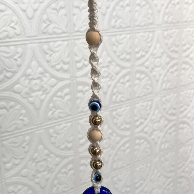 Evil Eye Wall Hanging Decor - Blue Round Glass - Wood Beads Yarn Knitted Macramé - 12" Door Window Protection