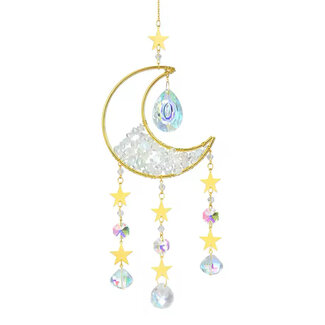 Prism Suncatcher Sun Catcher (Opalite) Crescent Moon - Window Mirror Crystal - Faceted Point Gold
