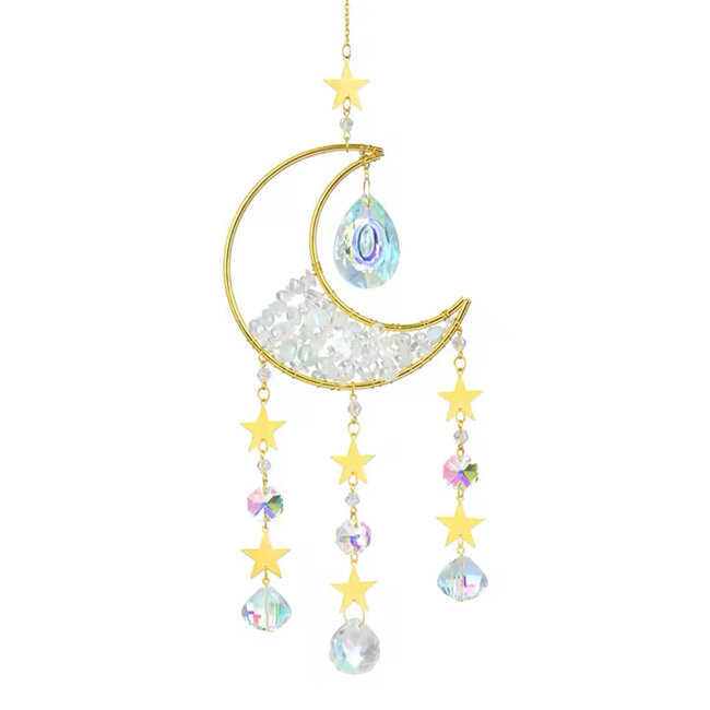 Prism Suncatcher Sun Catcher (Opalite) Crescent Moon - Window Mirror Crystal - Faceted Point Gold