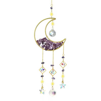 Prism Suncatcher Sun Catcher (Amethyst) Crescent Moon- Rainbow Window Mirror Crystal-Faceted Shapes Gold