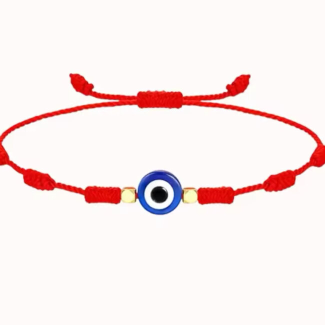 Evil Eye Bracelets - Red 7 Seven Knot Gold Beaded - Adjustable Parachute Corded Blue Eye