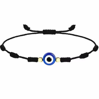 Evil Eye Bracelets - Black 7 Seven Knot Gold Beaded - Adjustable Parachute Corded Blue Eye
