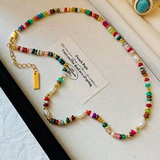 Pearl Freshwater Necklaces - Multi Colored Gemstone Beads - Gold (Plated) Adjustable (16-20") Chain