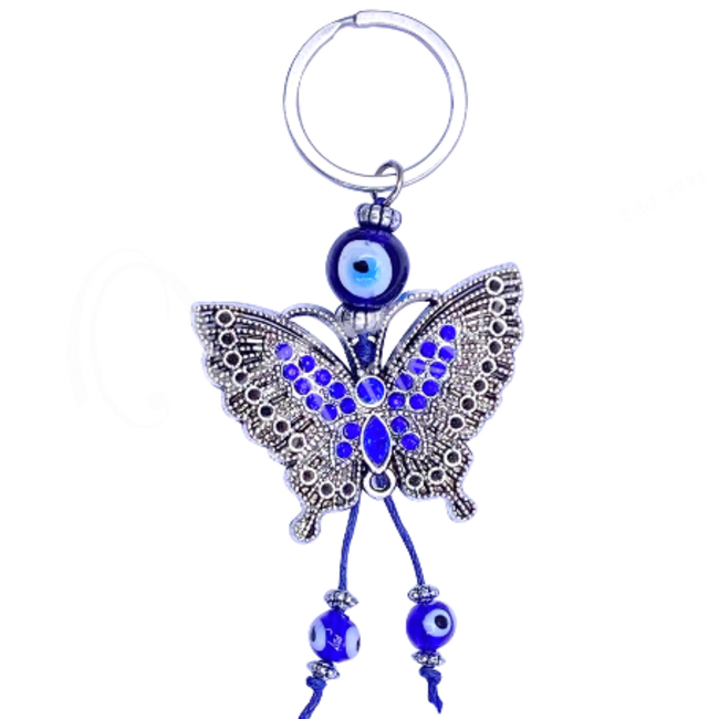 Evil Eye Keychains - Butterfly Blue Beaded Tassels - Silver 5" Key Chains