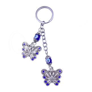Evil Eye Keychains - Double Butterfly Butterflies - Blue Beaded Silver 5" Key Chains