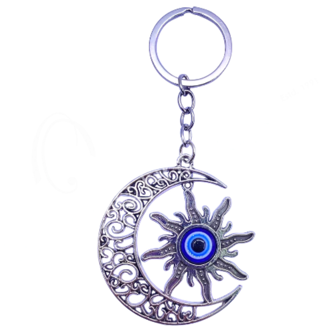 Evil Eye Keychain - Sun in Crescent Moon - Blue Eye Silver 5"