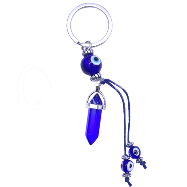 Evil Eye Keychians  - Blue Point & Beads - Silver 4.75" Key Chain