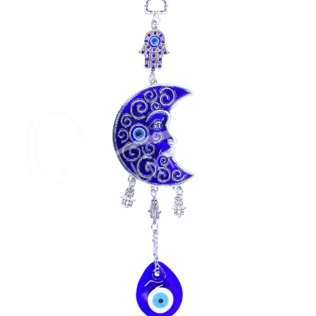 Evil Eye Wall Hanging Decor - Crescent Moon Face - Hamsa (Fatima Miriam) Hands - Blue Evil Eye Round Glass - 9.5" Home Decor