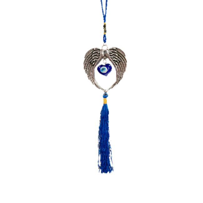 Evil Eye Wall Hanging Decor - Heart & Angel Wings Tassel Blue Heart - 11" Door Window Protection