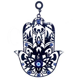Evil Eye Wall Hanging Decor - Hamsa (Fatima Miriam Khamsa) Hand - Lotus Multiple Blue Evil Eyes - Black 10" Door Window Protection