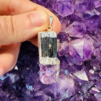 Black Tourmaline & Amethyst Pendants - Stacked Rough Raw Natural - Silver Plated (1.5")