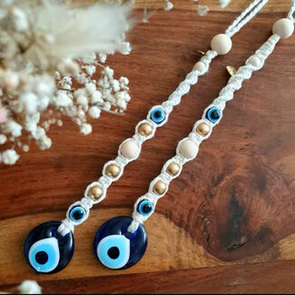 Evil Eye Wall Hanging Decor - Blue Round Glass - Wood Beads Yarn Knitted Macramé - 12" Door Window Protection