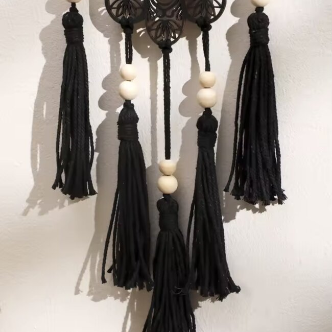 Evil Eye Wall Hanging Decor - Black Hamsa (Fatima Miriam) Hand - Wood Beads & Rope Tassels -Wall Decor -  22" Carved  Window Protection