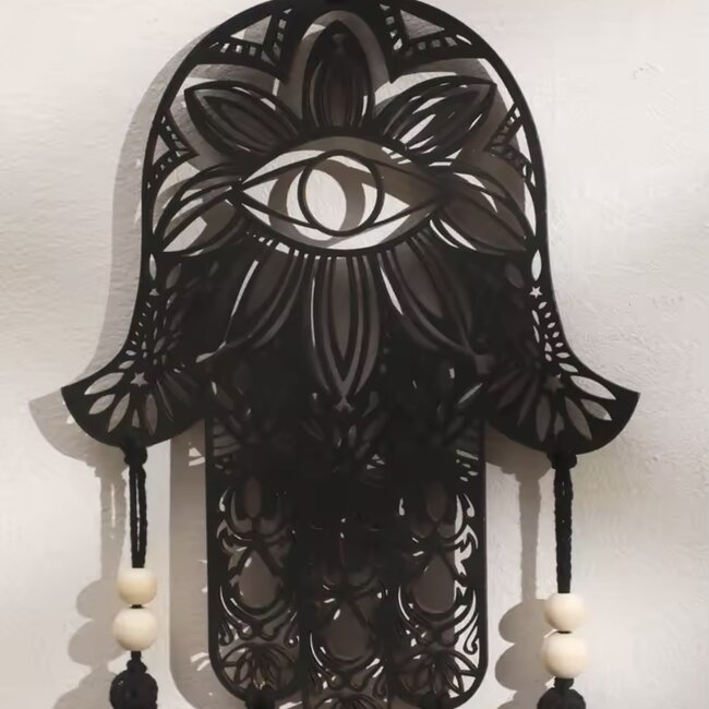 Evil Eye Wall Hanging Decor - Black Hamsa (Fatima Miriam) Hand - Wood Beads & Rope Tassels -Wall Decor -  22" Carved  Window Protection