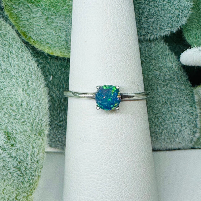 Australian Opal Rings - Size 6 Round Circle - Claw Prong Set Sterling Silver
