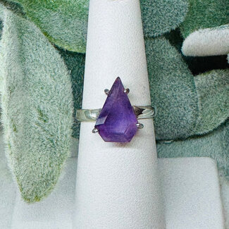 Amethyst Rings - Size 6 Pear Teardrop (Angled) Faceted - Prong Claw Set Sterling Silver