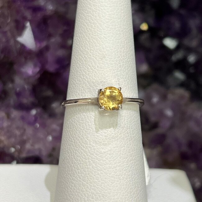 Citrine Rings - Size 6 Round Circle Faceted - Prong Claw Set Sterling Silver