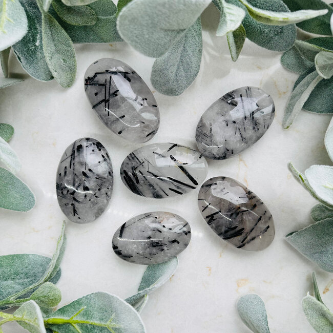 Black Tourmaline in Clear Quartz (Tourmalated Tourmalinated Rutilated Quartz) Palm Pillow Pocket Stone - Large