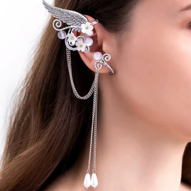 Ear Cuff Elf Charm Fairy Long Tassel Wrap Wings with Flowers and Beads - Silver (Plated) Set