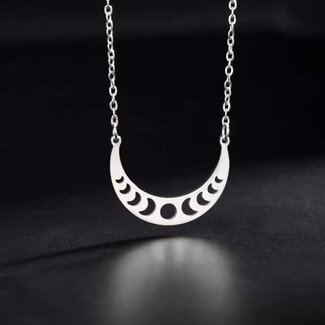 Crescent Moon Phase Necklace - Stainless Steel Silver