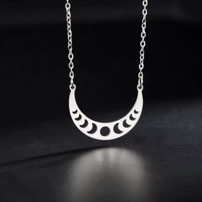 Crescent Moon Phase Necklace - Stainless Steel Silver