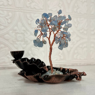 Backflow Reverse Flow Incense Cone Burner - Aquamarine Chips on Metal Wrapped Wire Tree on Bronze Lotus Tiered Leaves with Frog