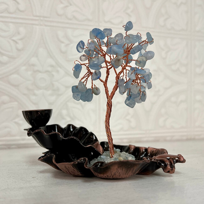 Backflow Reverse Flow Incense Cone Burner - Aquamarine Chips on Metal Wrapped Wire Tree on Bronze Lotus Tiered Leaves with Frog