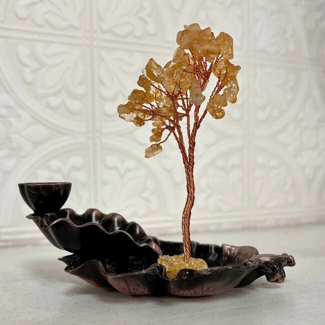 Backflow Reverse Flow Incense Cone Burner - Citrine Chips on Metal Wrapped Wire Tree on Bronze Lotus Tiered Leaves with Frog