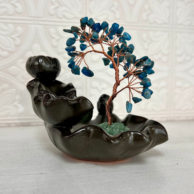 Backflow Reverse Flow Incense Cone Burner - Blue Apatite Chips on Metal Wrapped Wire Tree on Lotus Tiered Leaves -