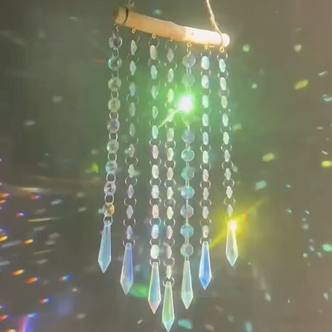 Crystal Prism Suncatcher Sun Catcher -  Wood Top Dangle Drop 11" Faceted - Mirror Window