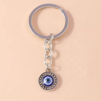Evil Eye Keychains - Blue Round Small Silver Plated