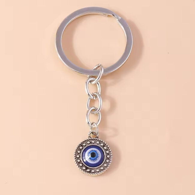 Evil Eye Keychains - Blue Round Small Silver Plated