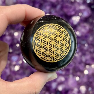 Black Tourmaline with Flower of Life Engraved Sphere - 50-55mm