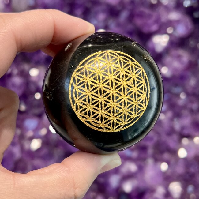 Black Tourmaline with Flower of Life Engraved Sphere - 50-55mm