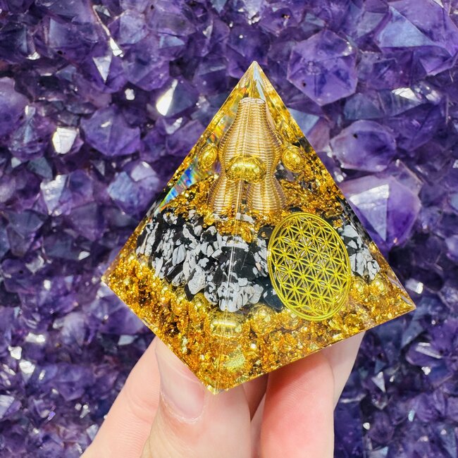 Snowflake Obsidian Orgonite Orgone Pyramid - Medium (2") - Double Copper Spiral - Flower of Life - Energy Generator EMF Blocker Sacred Geometry