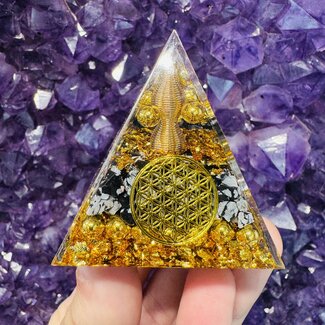 Snowflake Obsidian Orgonite Orgone Pyramid - Medium (2") - Double Copper Spiral - Flower of Life - Energy Generator EMF Blocker Sacred Geometry